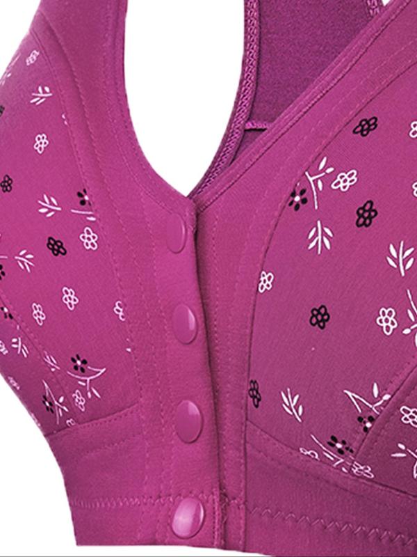Plus Size Floral Print Button Front Bra, Comfy Breathable Wireless Bralette, Women's Plus Size Lingeries for All Seasons